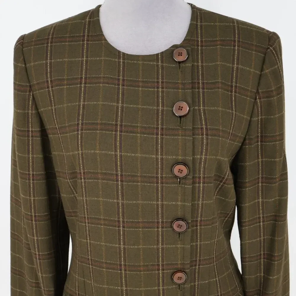 Kasper ASL Jacket Dress Petites 10P Green Plaid Tweed Pockets Lined Career Vtg - Picture 12 of 16